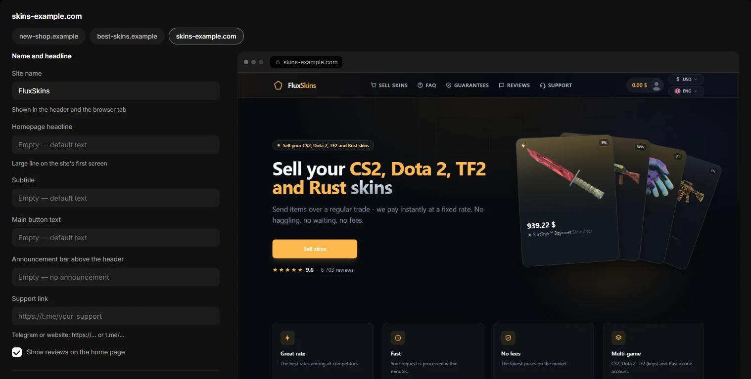 The Design tab: fields on the left, a live shop preview on the right