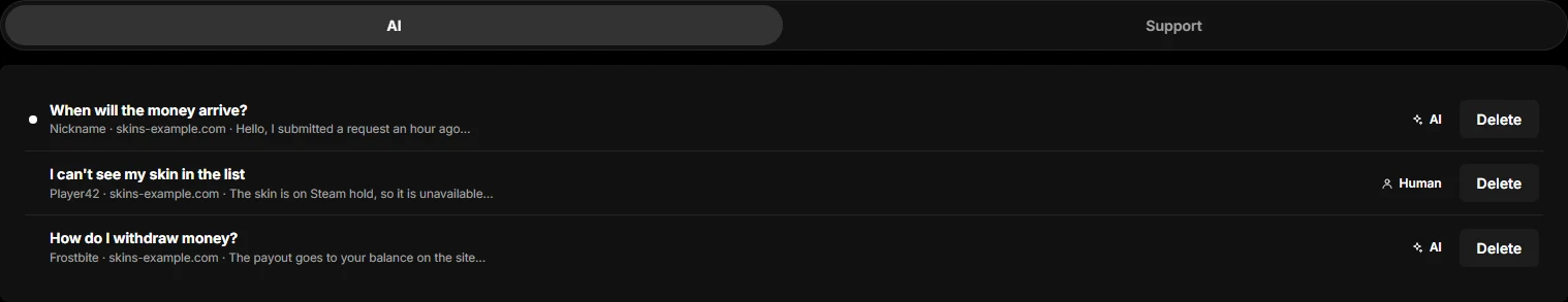 The Support tab: the AI switcher and the list of tickets