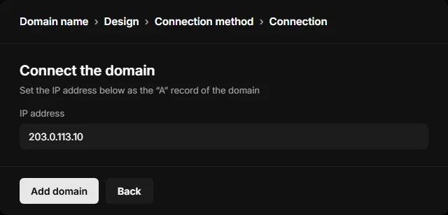 The last wizard step: the IP address for the A record